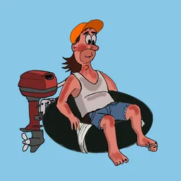 Redneck FloatTrip app icon: a man in an inner tube with an outboard motor.