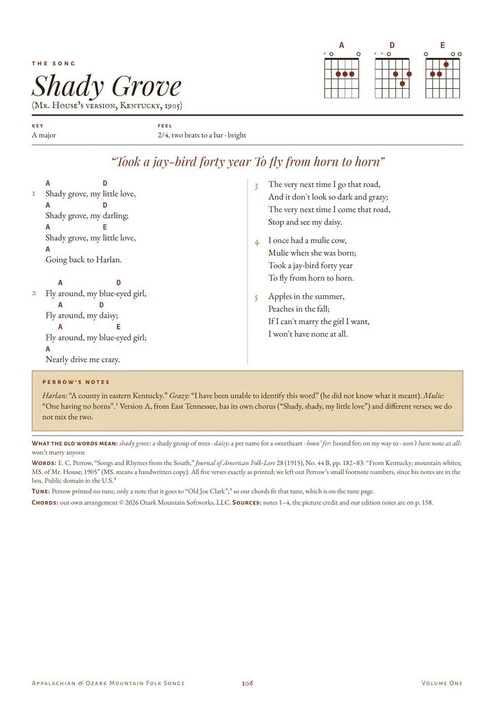 Shady Grove, a sample page from the songbook, with the lyrics, chords, and notes.